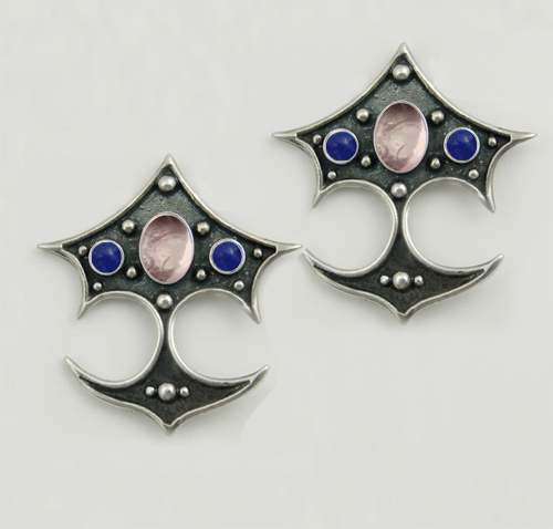 Sterling Silver Gothic Drop Dangle Earrings With Rose Quartz And Lapis Lazuli